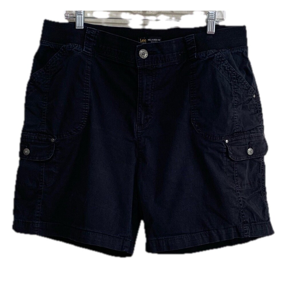 Lee Cargo Shorts Womens Plus 16W Black Solid Mid-Rise Relaxed Pockets Stretch